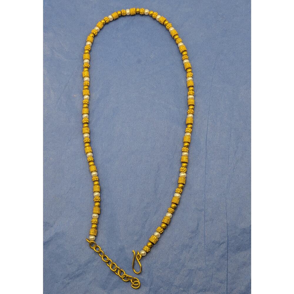 Gold Tone Faux Pearl Beaded Necklace Adjustable Choker 16in - Picture 6 of 8